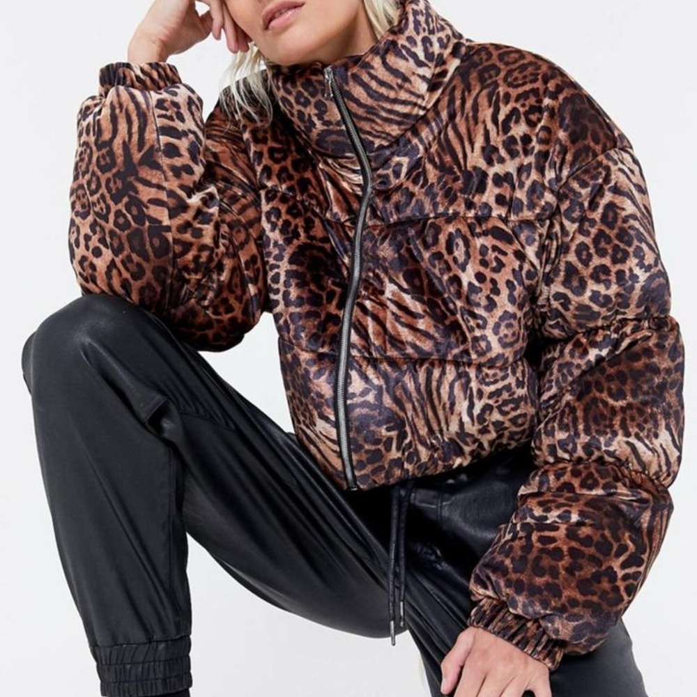 Tiger Mist Reme Leopard Puffer Jacket Brown Animal Print Cropped Velour Small